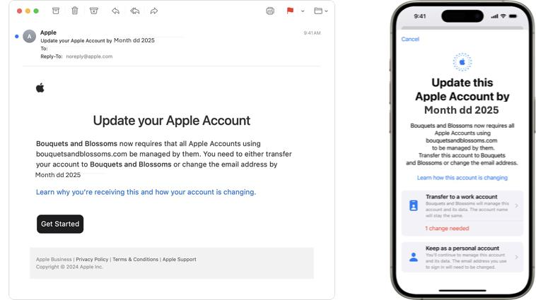 An example of the "Update your Apple Account" email and pop-up notification