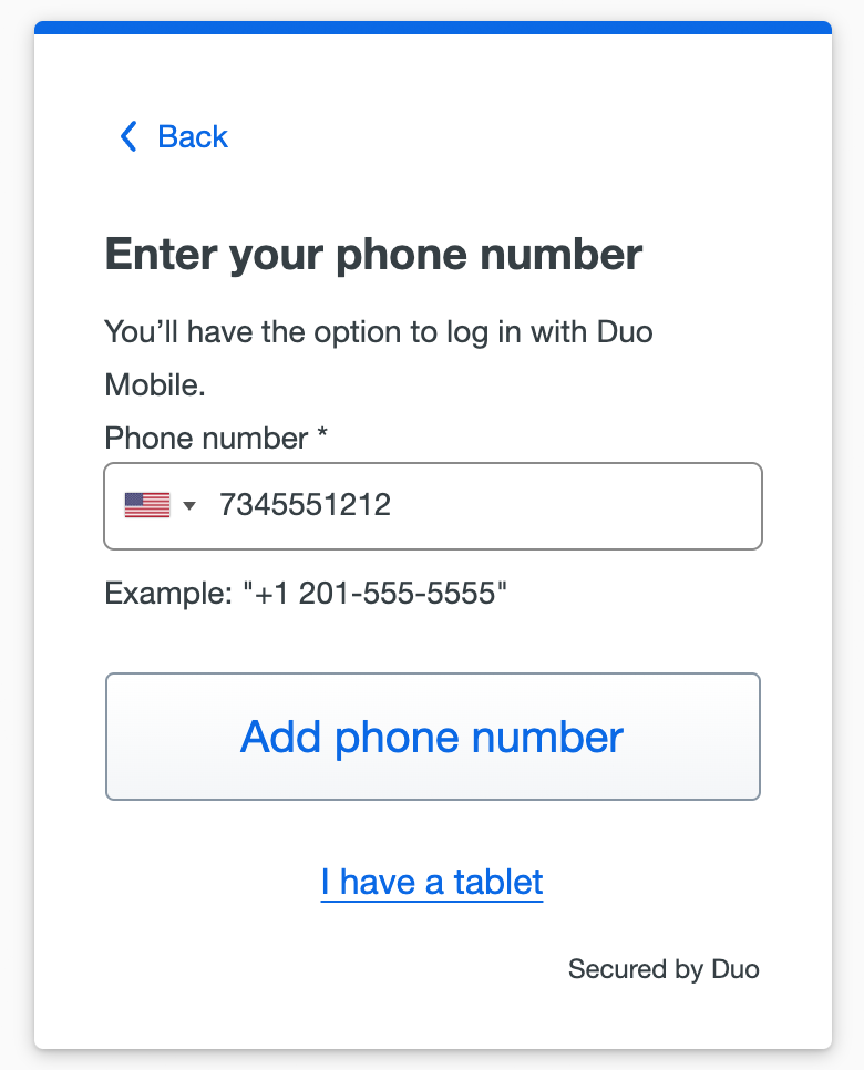 Enter Phone Number for Duo Mobile