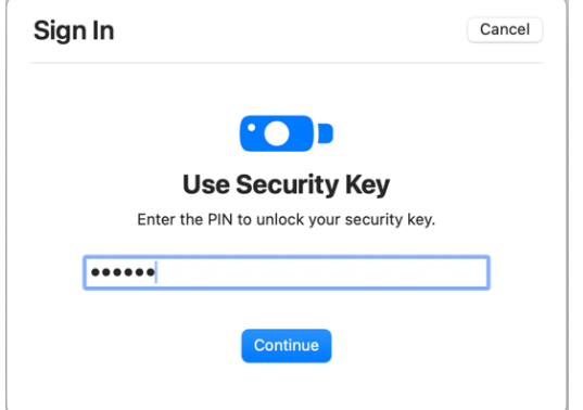 Screen showing the security key pin being entered