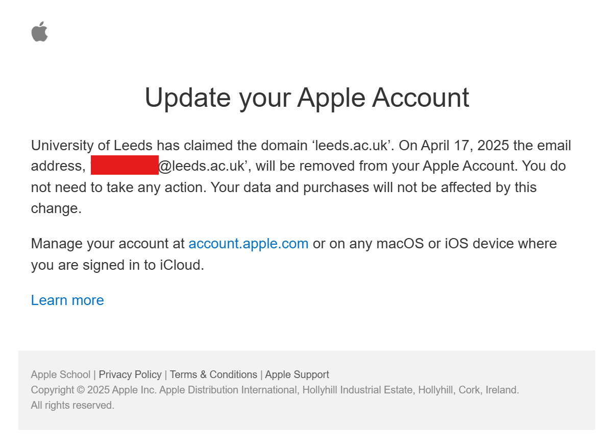 Update your Apple account: University of Leeds has claimed the domain