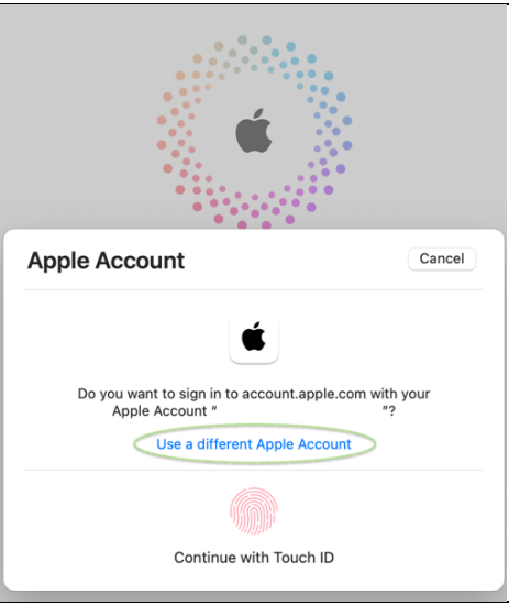 Apple account login screen with 'use a different Apple Account' option highlighted