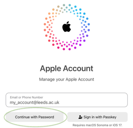 Apple account email entry screen with 'continue with password' option highlighted.