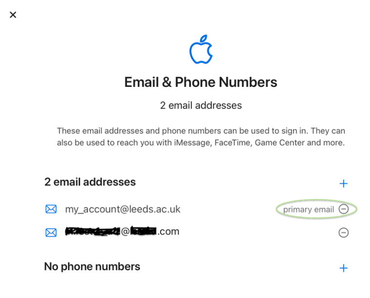 Apple account screen showing a list of emails and phone numbers that can be used to log into the account, and which is the primary email